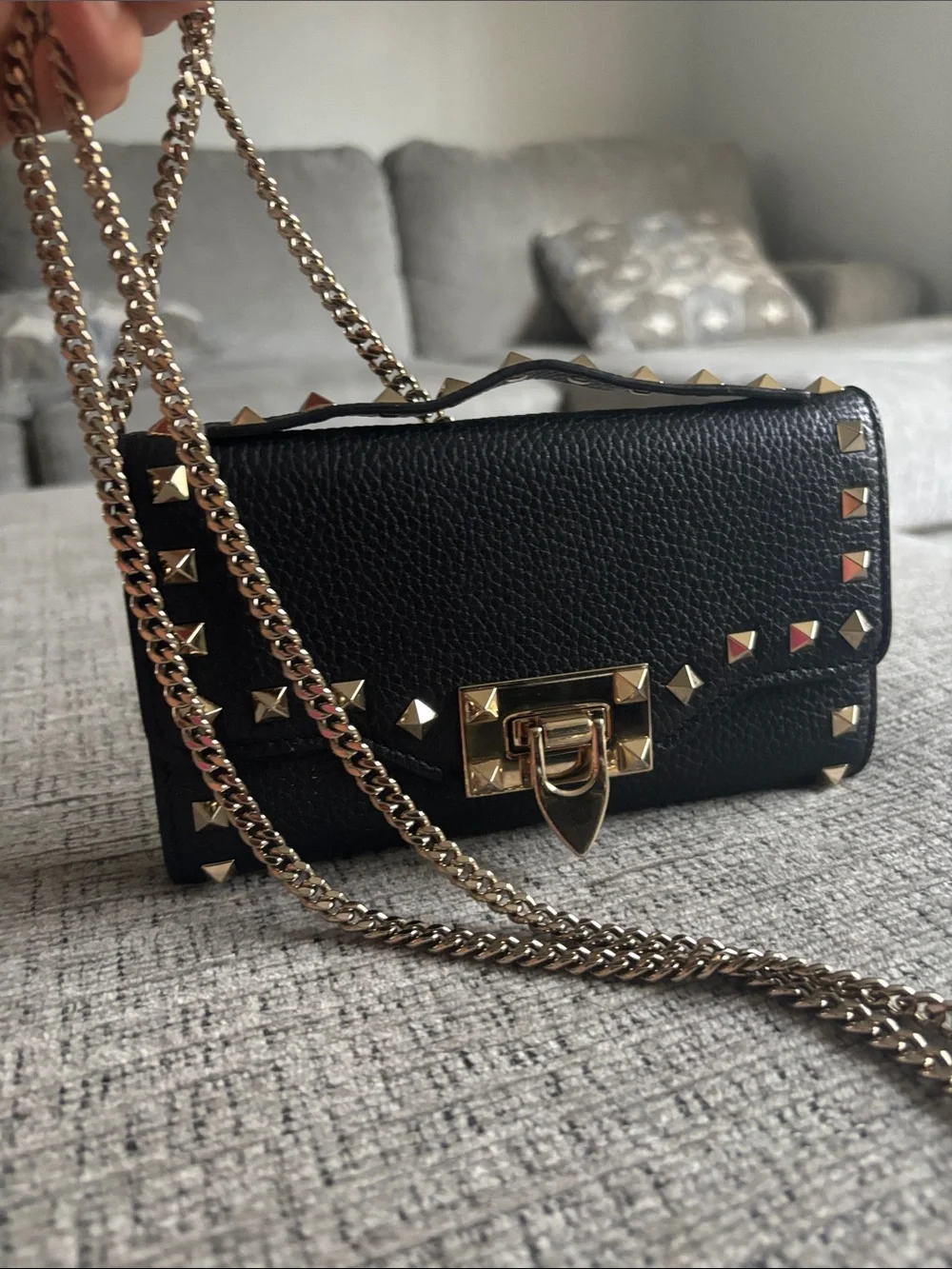 Valentino Black Pebbled Leather Crossbody with Gold Stud Detail